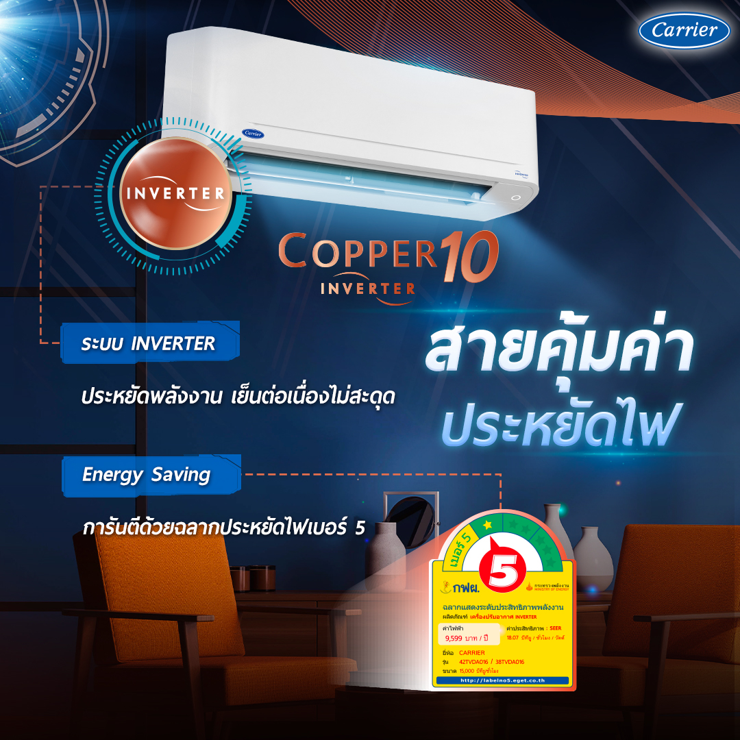 แอร์ CARRIER INVERTER รุ่น COPPER10 (TVDA-A Series) น้ำยา R32 รุ่นใหม่ล่าสุด ปี 2025รับประกันอะไหล่ 5 ปี คอมเพลสเซอร์ 10 ปี