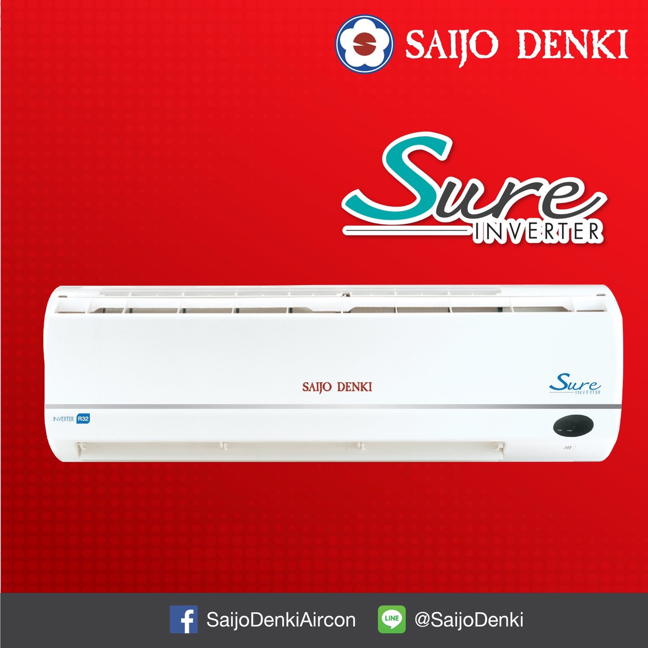 แอร์ SAIJO DENKI INVERTER SURE รุ่นใหม่ล่าสุด ปี2020 น้ำยาR32 รับประกันอะไหล่ 5 ปี คอมเพลสเซอร์ 5 ปี
