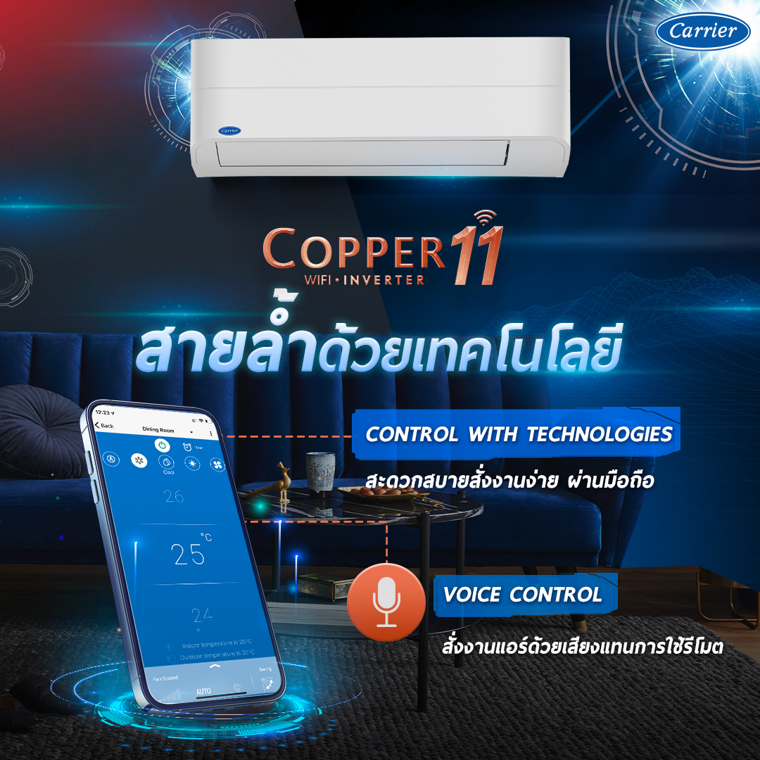 แอร์ CARRIER Copper11 Inverter Wifi รุ่น TVEA-A Series น้ำยา R32 รุ่นใหม่ล่าสุด ปี 2025รับประกันอะไหล่ 5 ปี คอมเพลสเซอร์ 10 ปี