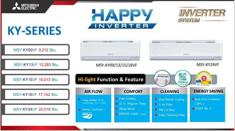 แอร์ MITSUBISHI HAPPY INVERTER รุ่น KY Series แอร์ใหม่ล่าสุดปี 2025 น้ำยาR32 รับประกันอะไหล่ 1 ปี คอมเพลสเซอร์ 5 ปี รับประกันราคาถูกที่สุดในเขตกรุงเทพฯ
